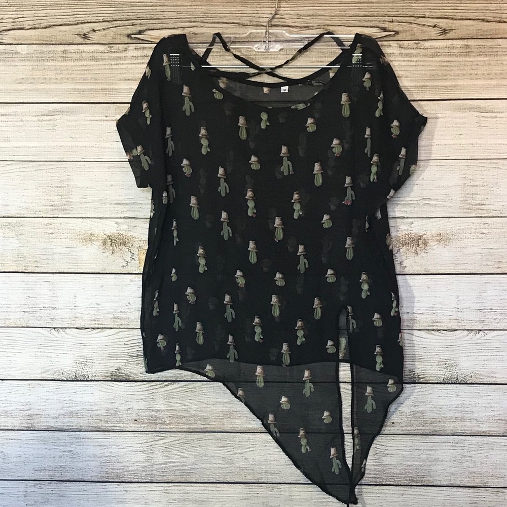 Sheer top, short cuffed sleeves, side waist tie